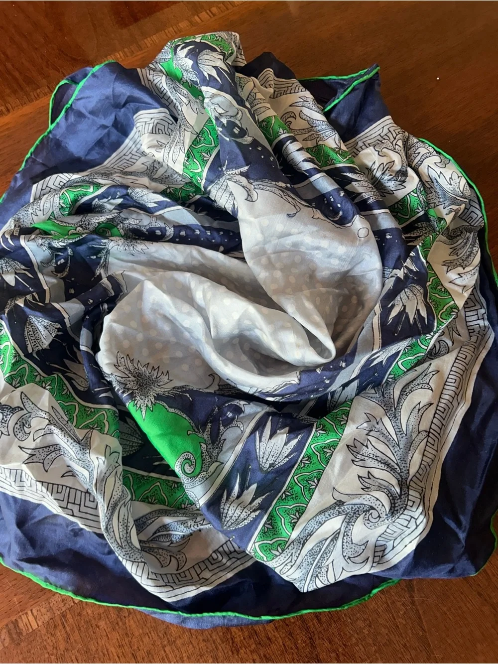 Green Navy and White Floral Silk Scarf 26“ x 26“ probably silk